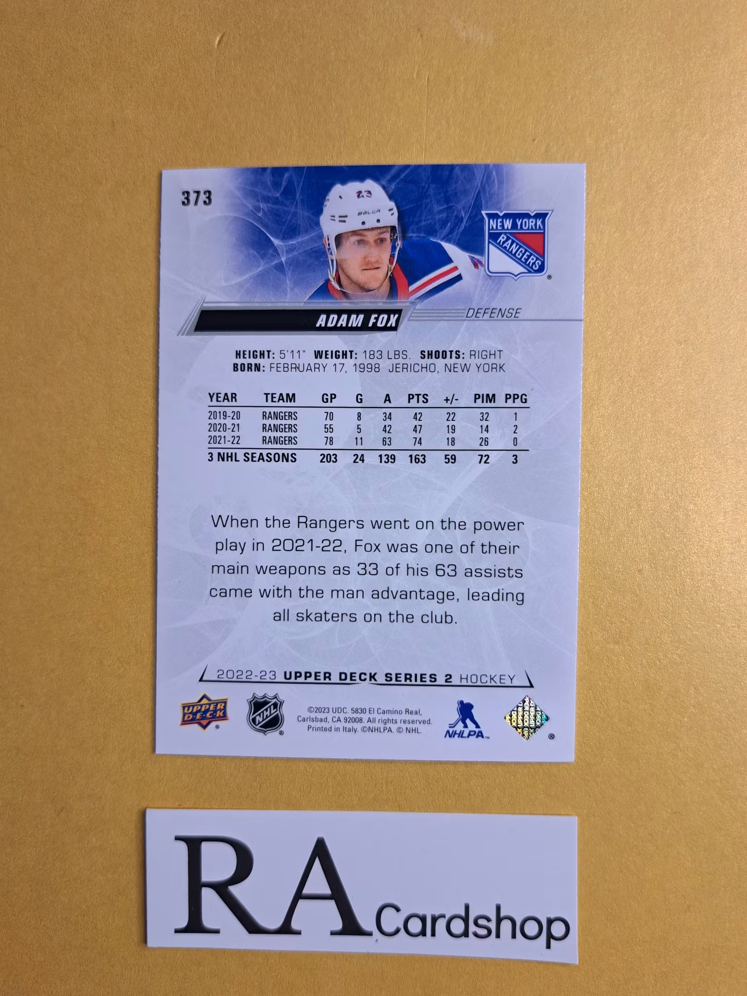 #373 Adam Fox 2022-23 Upper Deck Series 2 Hockey