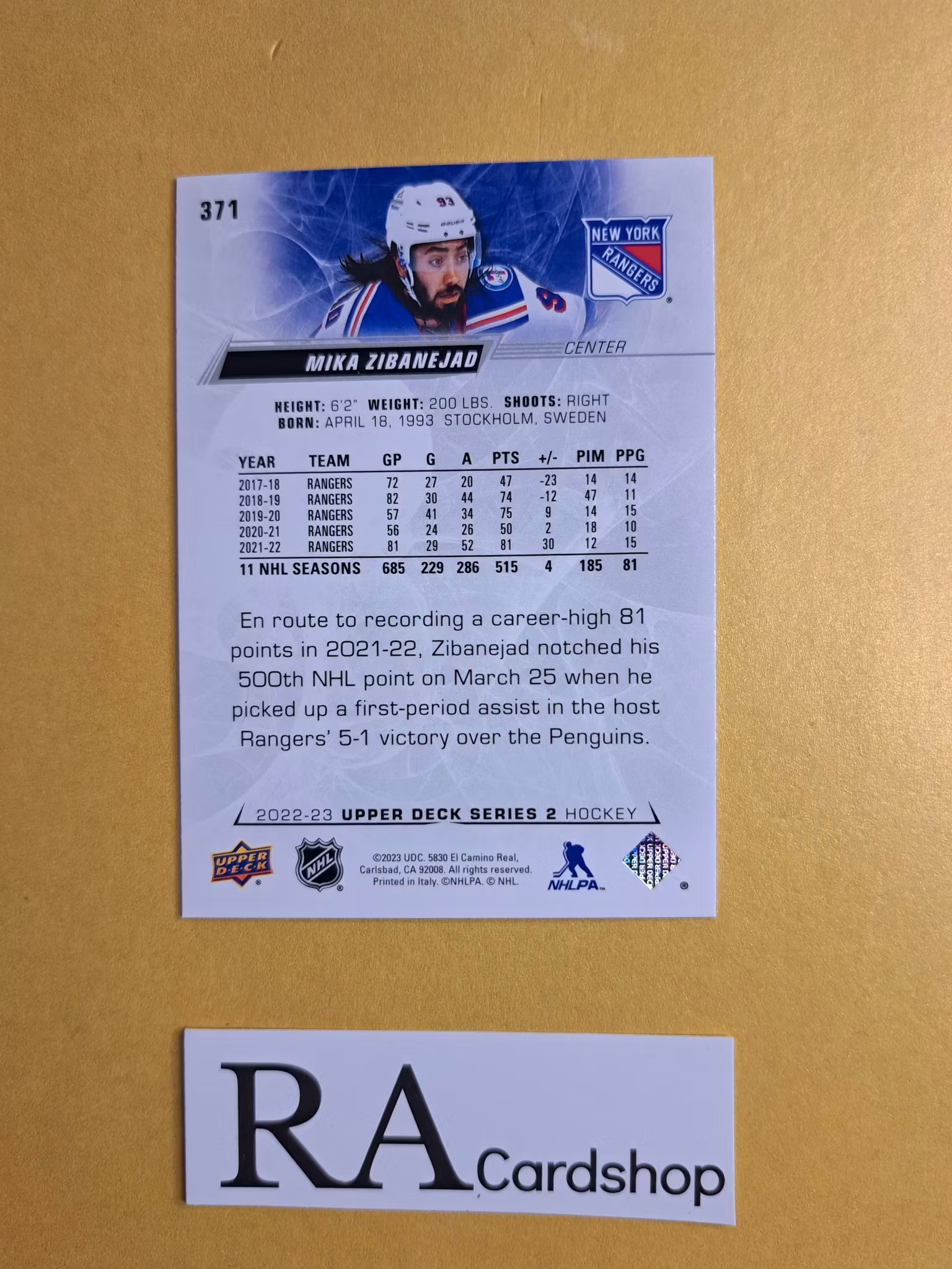 #371 Mika Zibanejad 2022-23 Upper Deck Series 2 Hockey