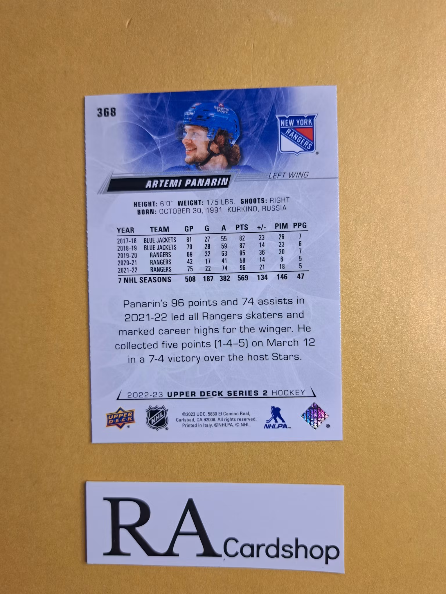 #368 Artemi Panarin 2022-23 Upper Deck Series 2 Hockey