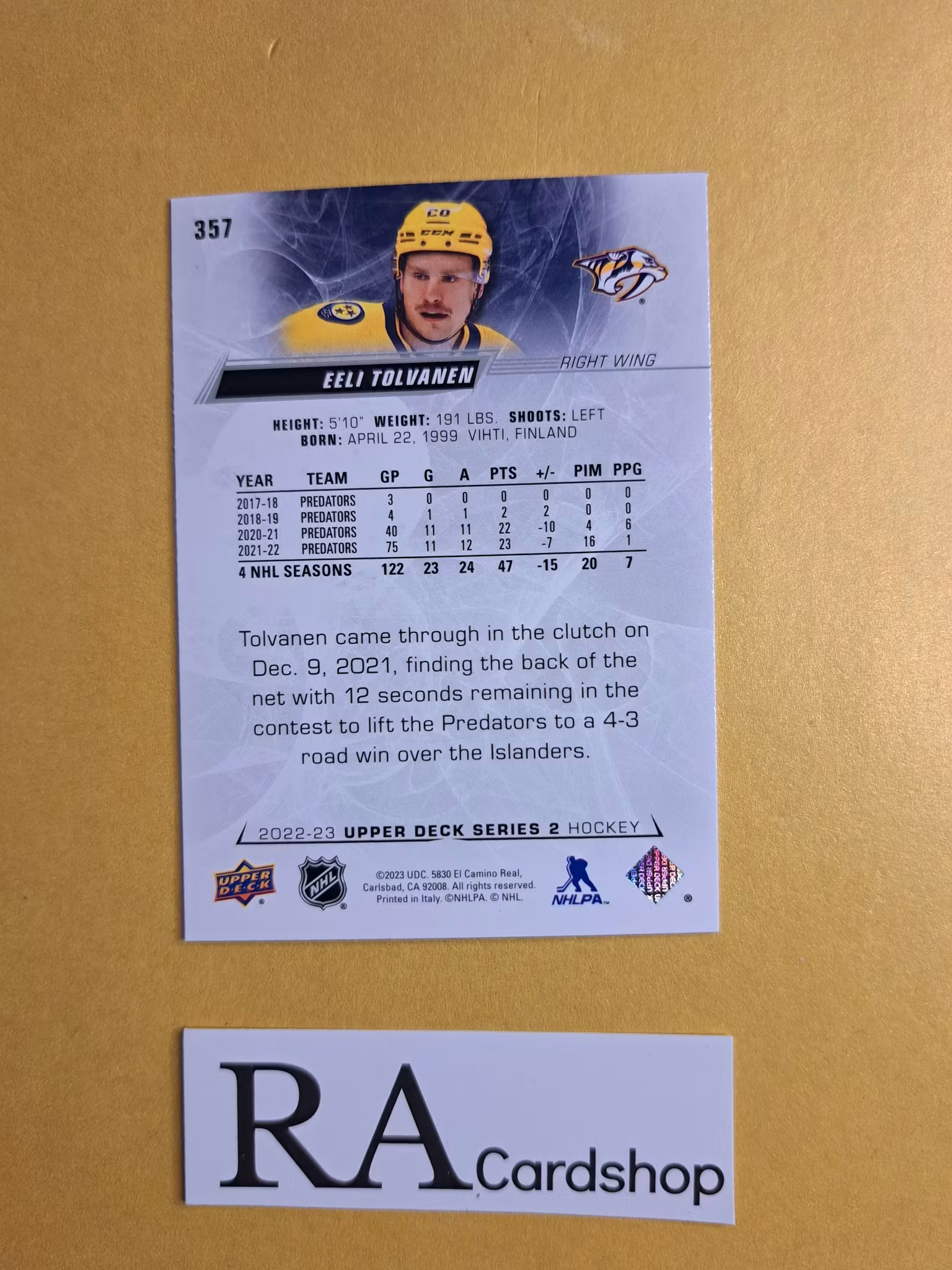 #357 Eeli Tolvanen 2022-23 Upper Deck Series 2 Hockey