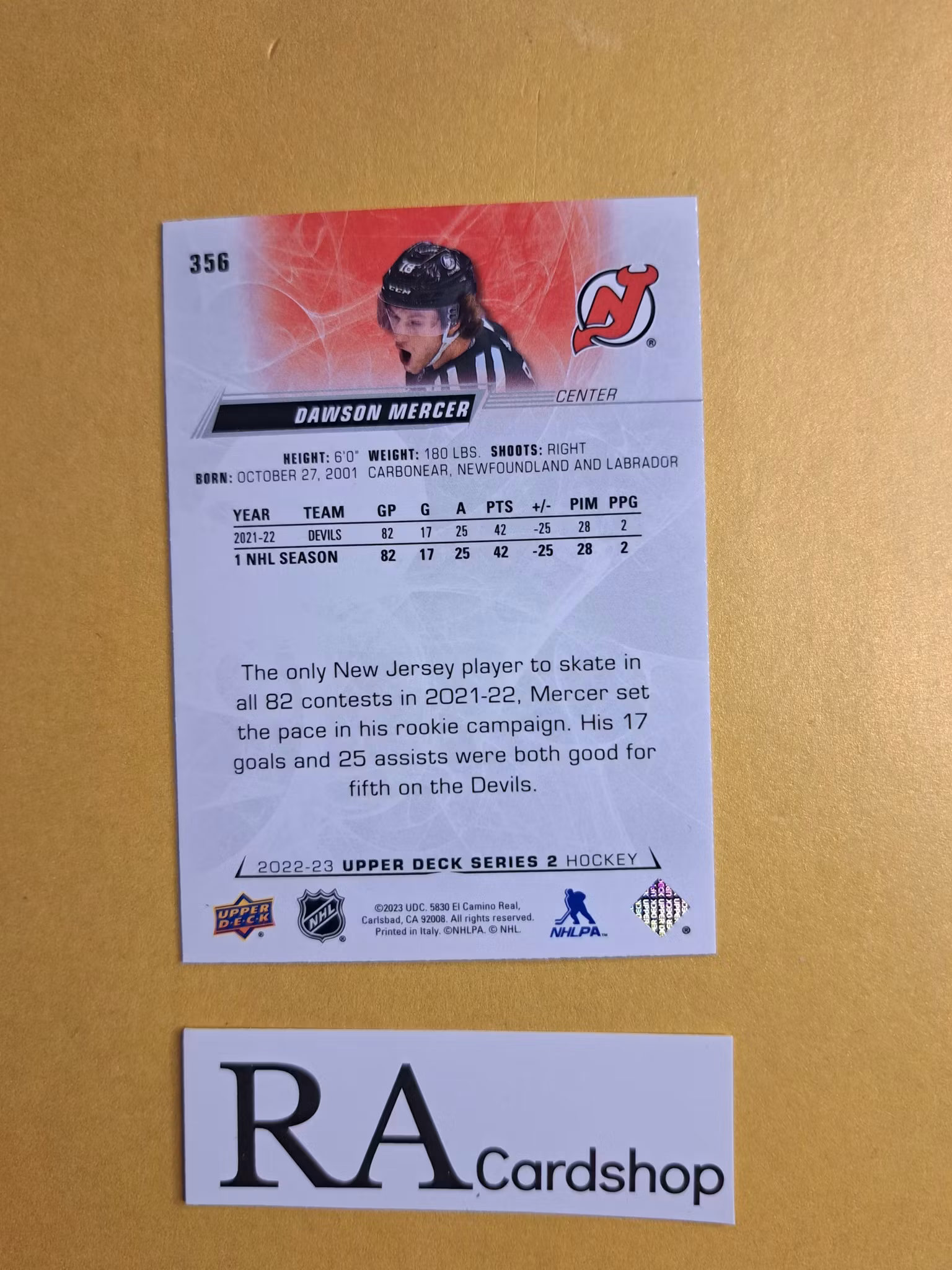 #356 Dawson Mercer 2022-23 Upper Deck Series 2 Hockey