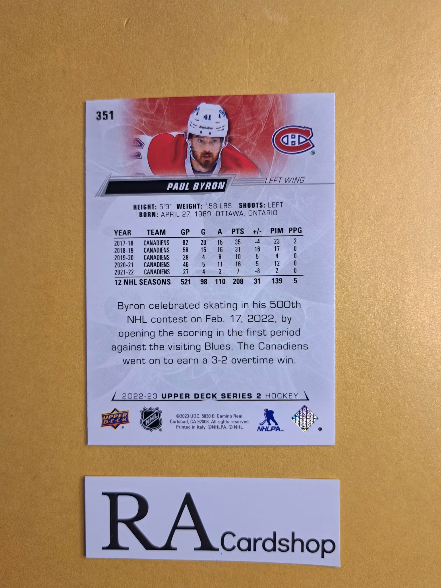 #351 Paul Byron 2022-23 Upper Deck Series 2 Hockey