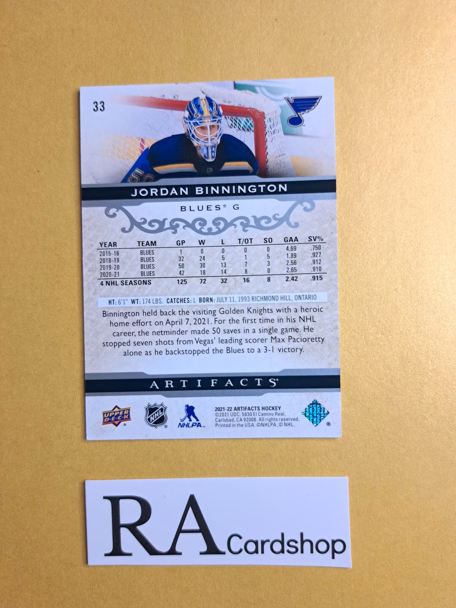 #33 Jordan Binnington 2021-22 Artifacts Hockey