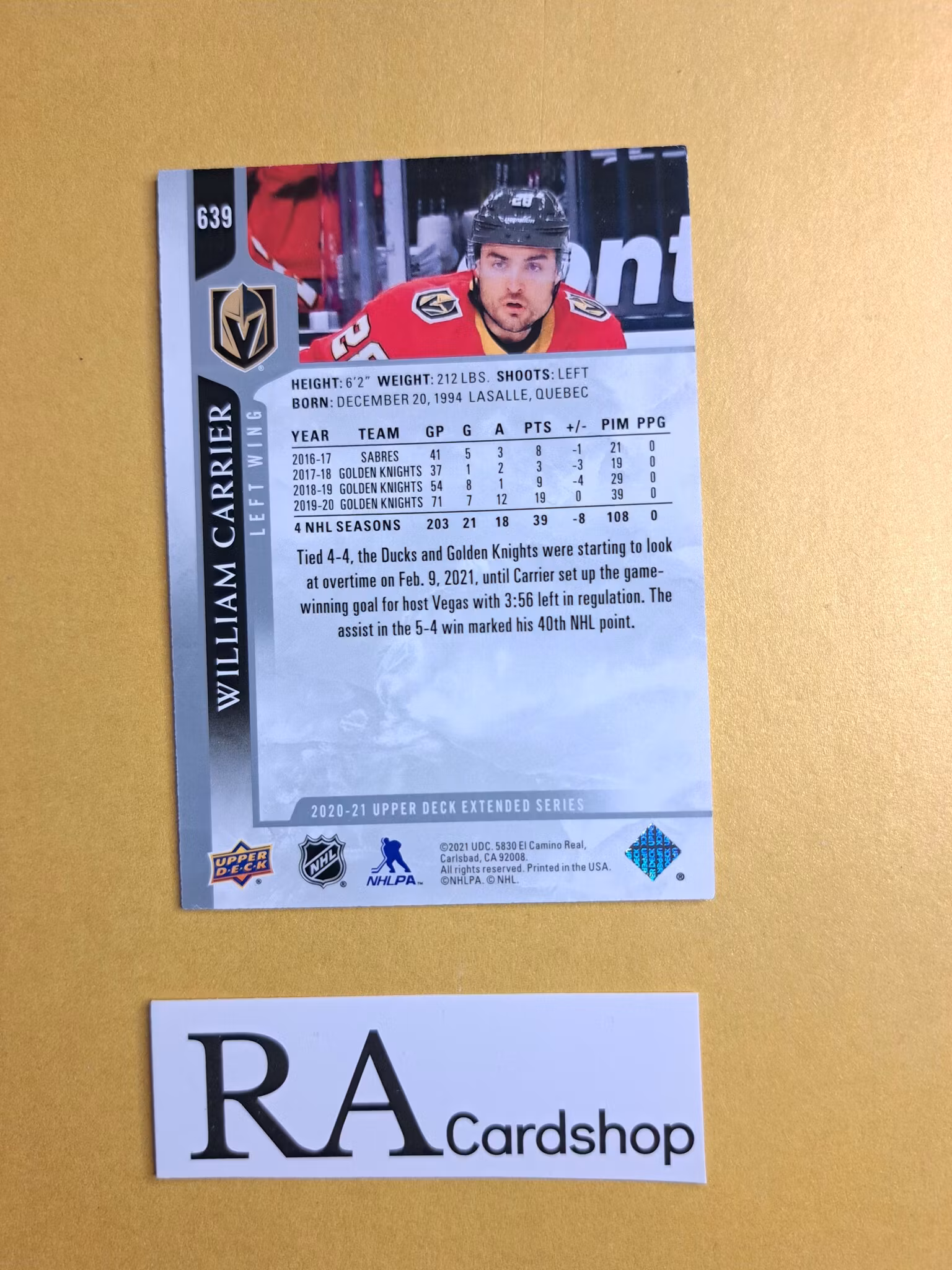 #639 William Carrier 2020-21 Upper Deck Extended Series Hockey