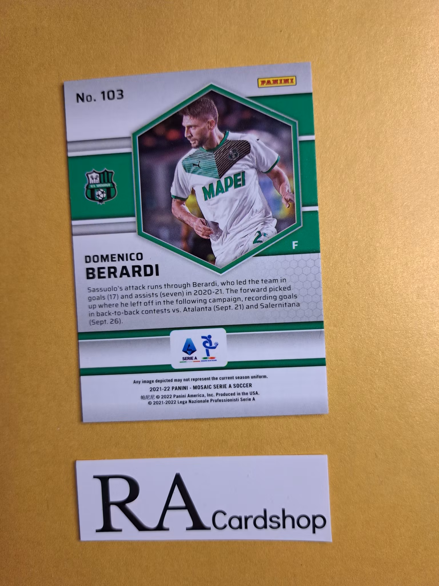#103 Domenico Berardi 2021-22 Panini Mosaic Serie A Soccer Fotboll