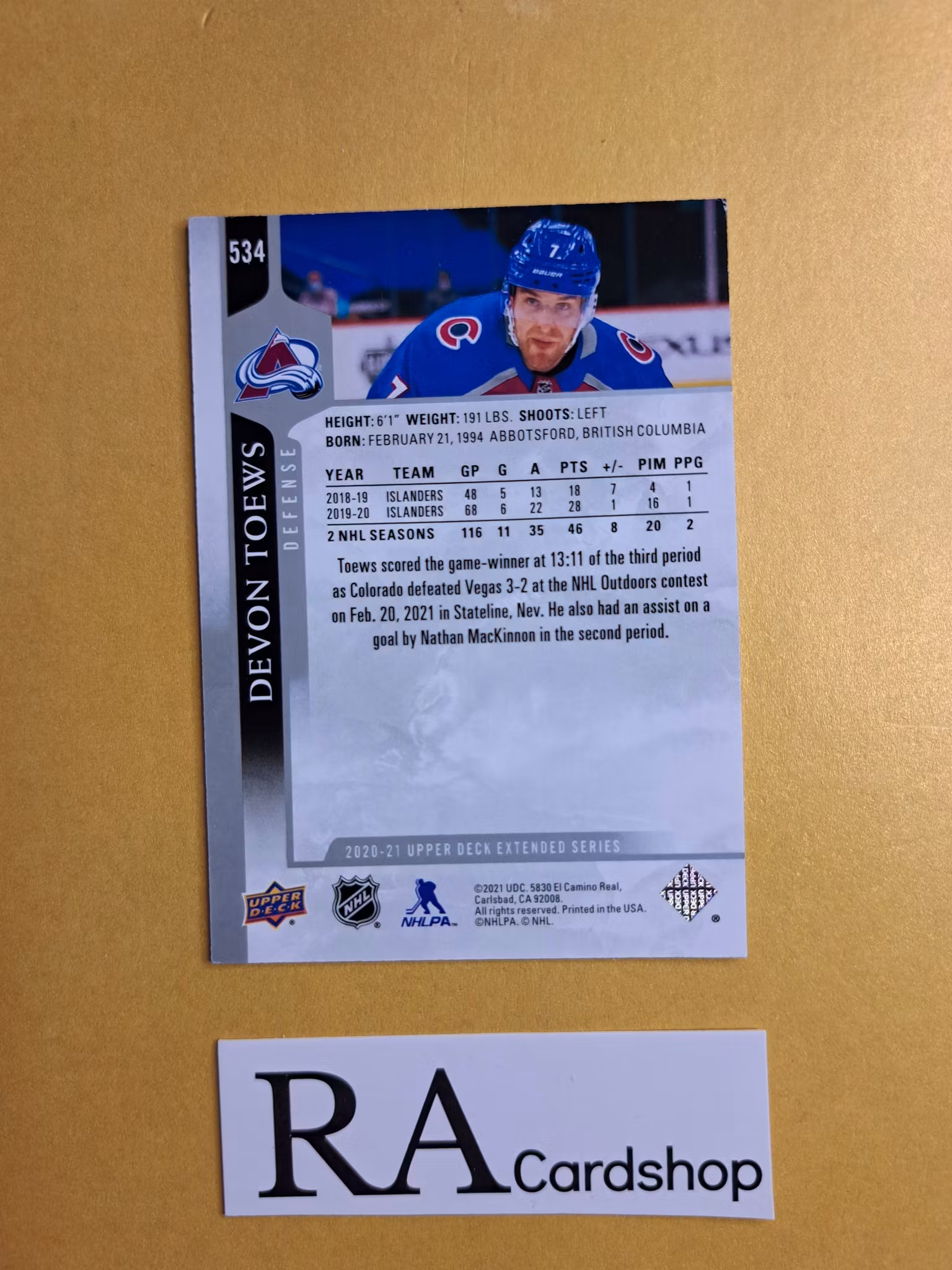 #534 Devon Toews 2020-21 Upper Deck Extended Series Hockey