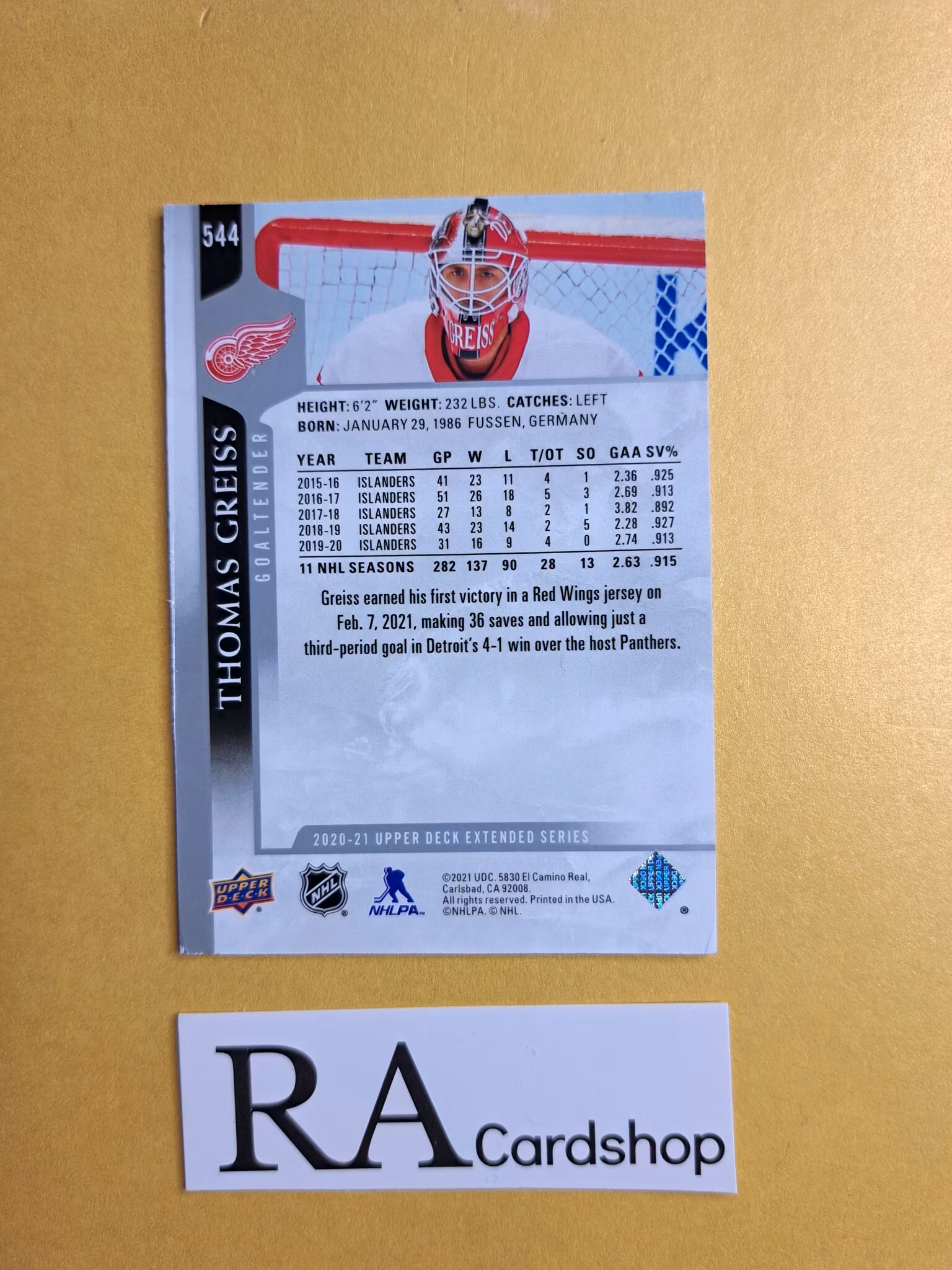 #544 Thomas Greiss 2020-21 Upper Deck Extended Series Hockey