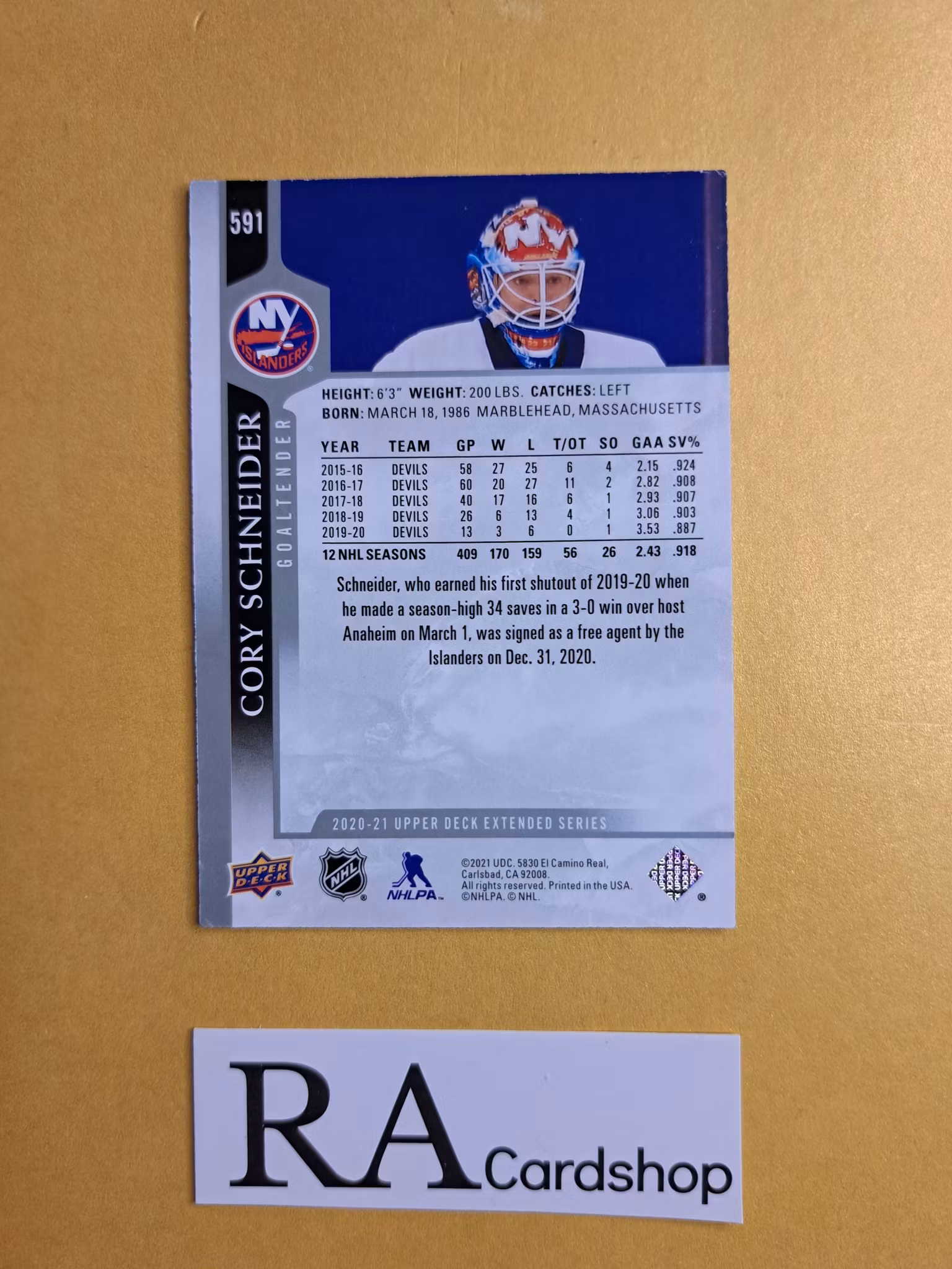 #591 Cory Schneider 2020-21 Upper Deck Extended Series Hockey