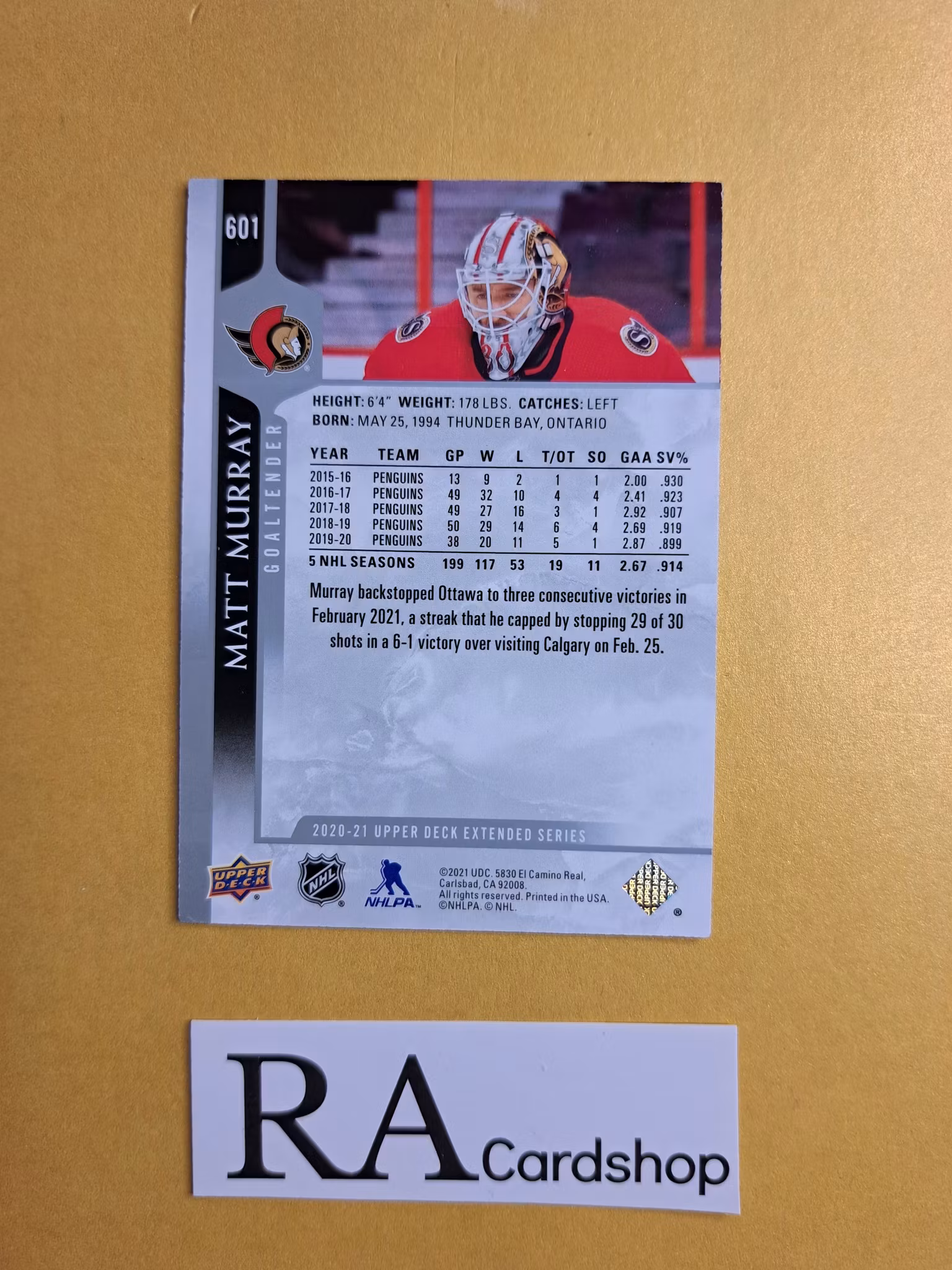 #601 Matt Murray 2020-21 Upper Deck Extended Series Hockey