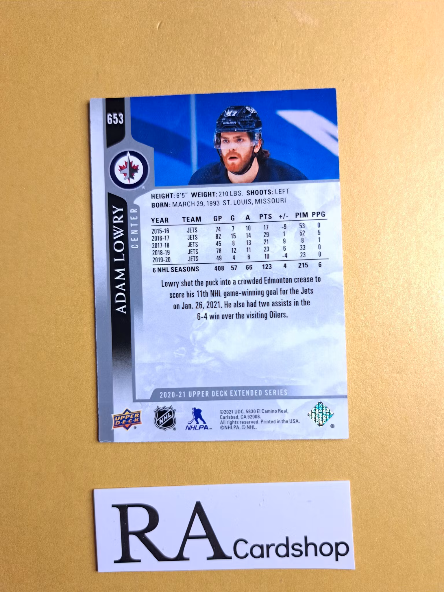 #653 Adam Lowry 2020-21 Upper Deck Extended Series Hockey