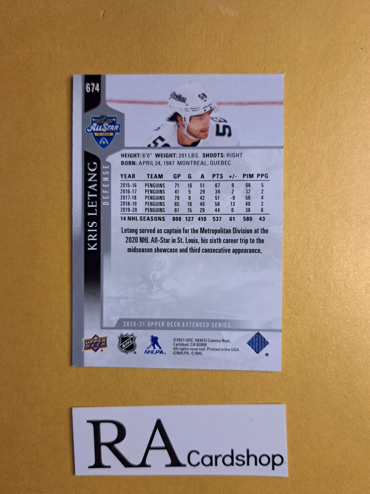 #674 Kris Letang Upper Deck Extended Series Hockey