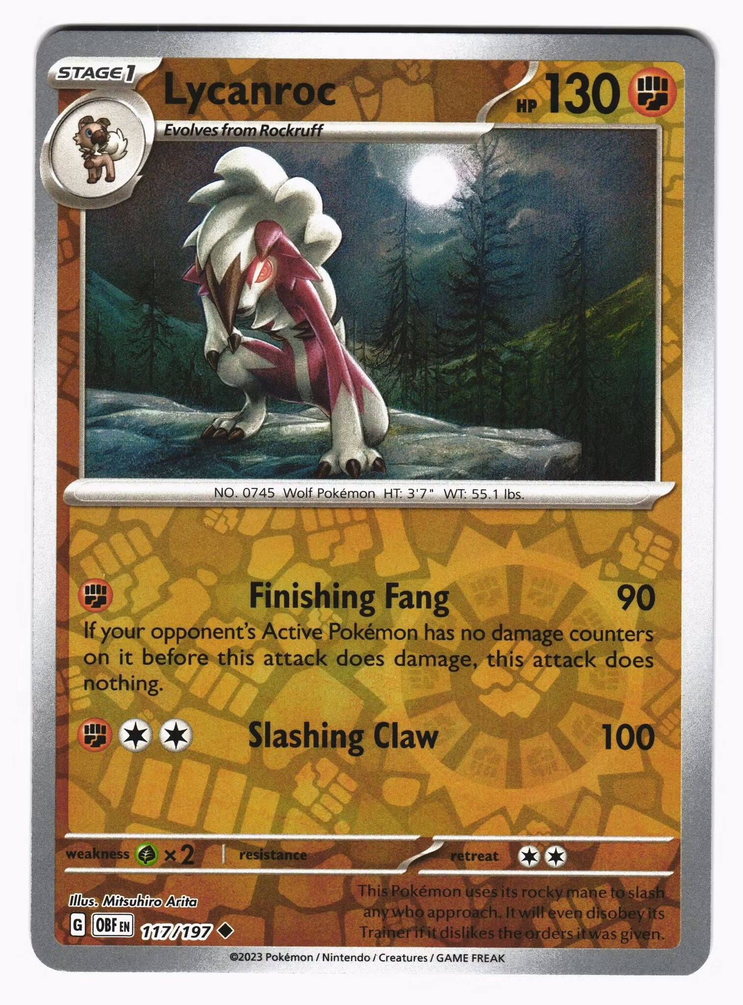 Lycanroc Reverse Holo Uncommon 117/197 Obsidian Flames Pokemon