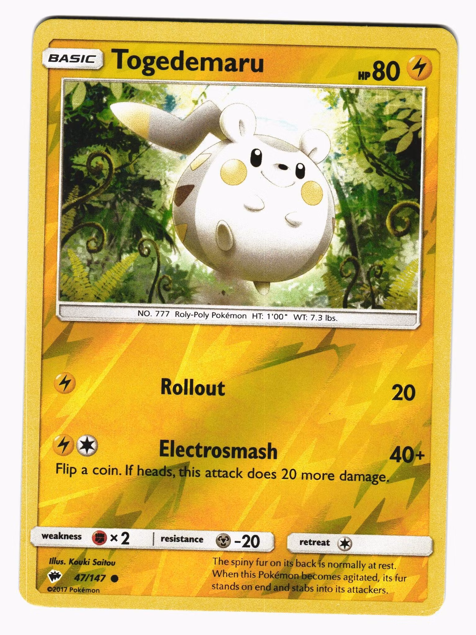 Togedemaru Reverse Holo Common 47/147 Burning Shadows Pokemon
