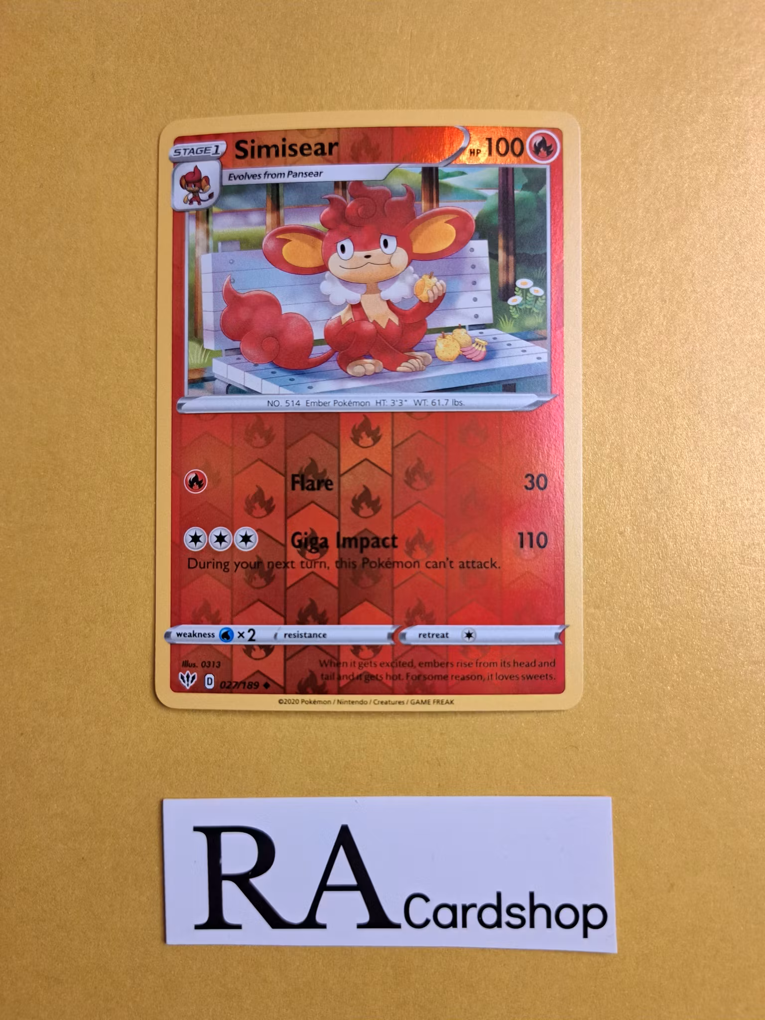Simisear Reverse Holo Uncommon 027/189 Darkness Ablaze Pokemon