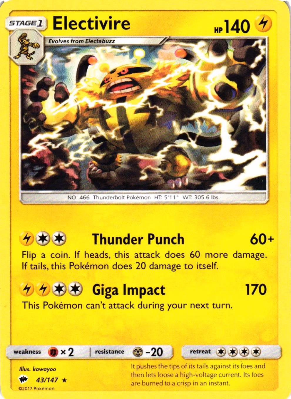 Electivire Rare 43/147 Burning Shadows Pokemon