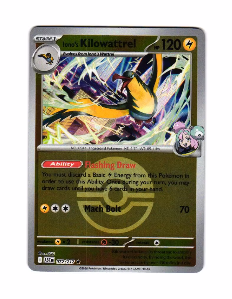 Ionos Kilowattrel Poke Ball Reverse Holo Rare  072/217 Ascended Heroes Pokemon