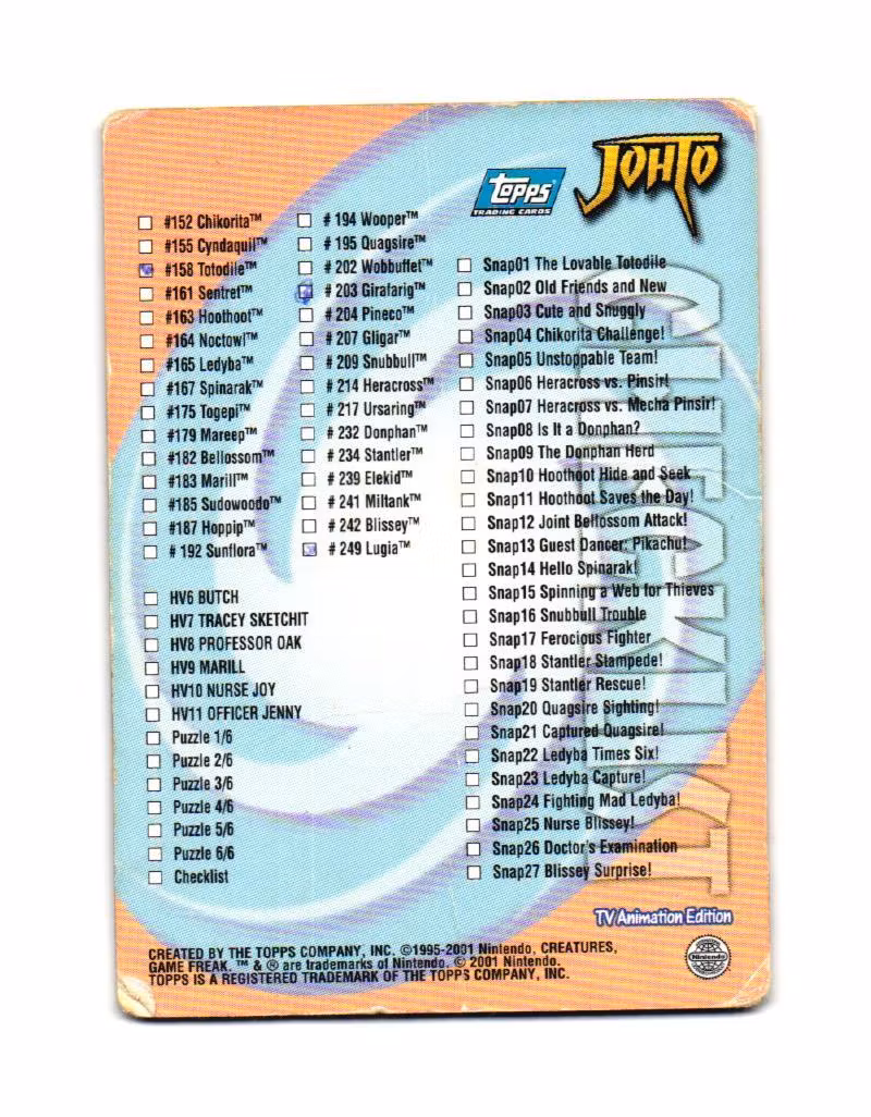 Checklist 2001 Topps Johto Pokemon