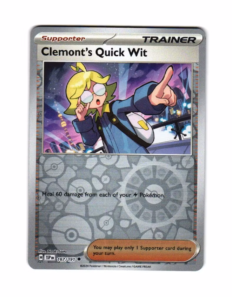 Clemonts Quick Wit Reverse Holo Uncommon 167/191 Surging Sparks Pokemon