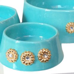 Handmade Ceramic Bowl Gold Plated Flowers - Turquoise