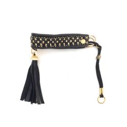 Half Check Leather Collar Black/Gold Braided L 24 W 2cm