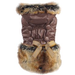 Elegant Fleece Coat w. Fur & Bow, Brown