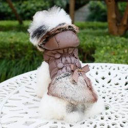 Elegant Fleece Coat w. Fur & Bow, Brown