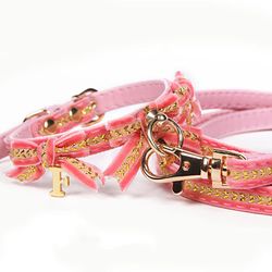 Collar/Leash Set Velvet Pink/Gold w Bow