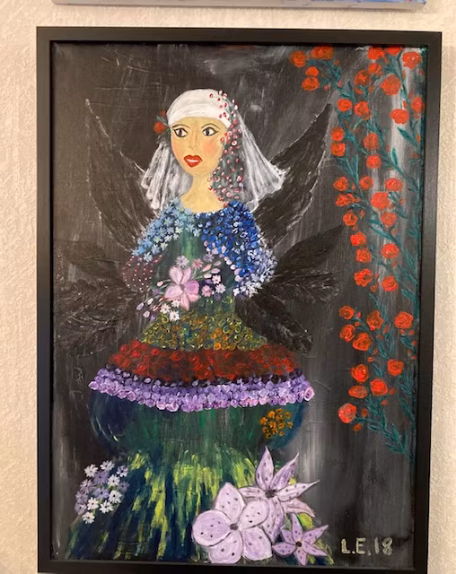 Blomsterflicka Acrylmålning på canvasduk Strl 72cm x 52 cm Målad av Lisbeth Ericsson  JemasMix