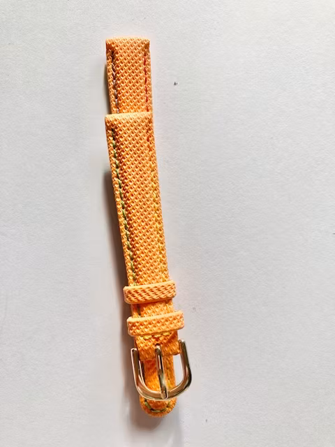 Barnklockarmban,textil med läderbaksida. Färg Orange.  Bredd 12 mm
