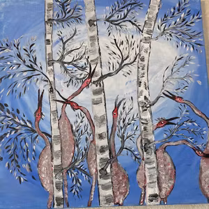 Flamingos in the forest akrylmålning av Lisbeth Ericsson