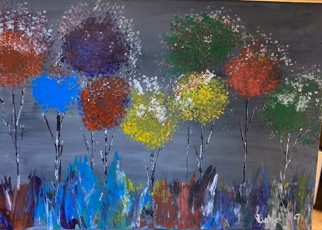 Akrylmålning på uppspänd canvas Motiv fantasifulla sprakande färglada blommor hos ericssonrucohguld.se Galleri