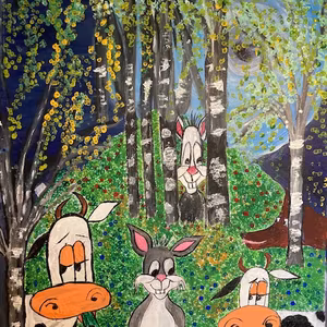 Möte i skogen akrylmålning av Lisbeth Ericsson