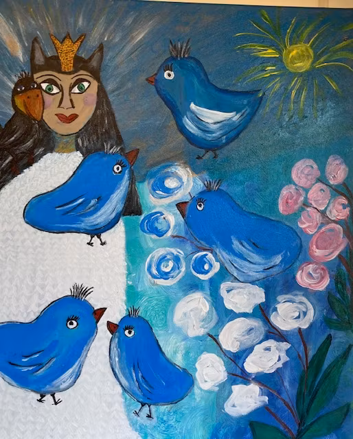 blue birds and the princess akrylmålning av Lisbeth Ericsson hos ericssonurochguld.se