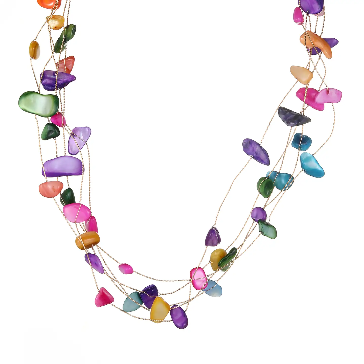 halsband flerradigt i mixade färglada pärlor på tunntråd