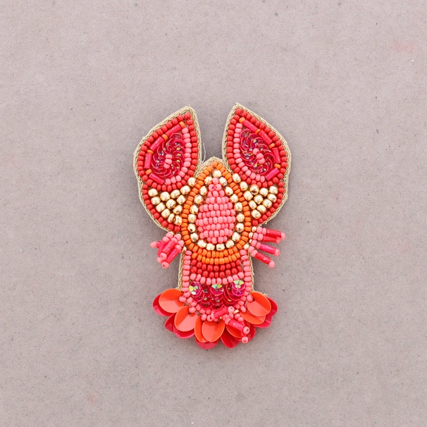 Brosch hummer röd orange paljetter pärlor