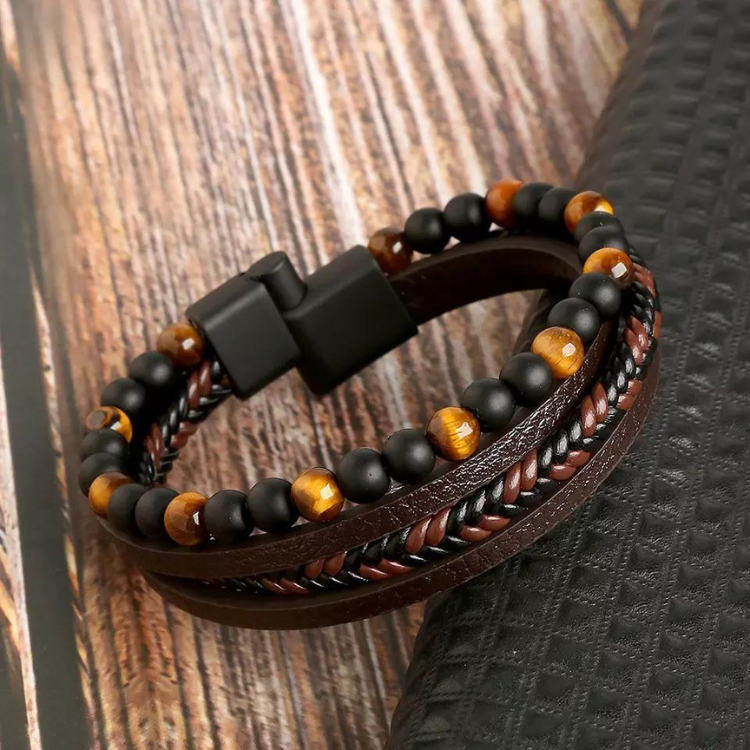 Läderarmband för män med Tigeröga sten