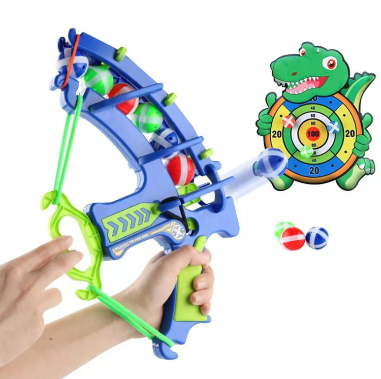 Toy bow and dart board for kids, sticky balls