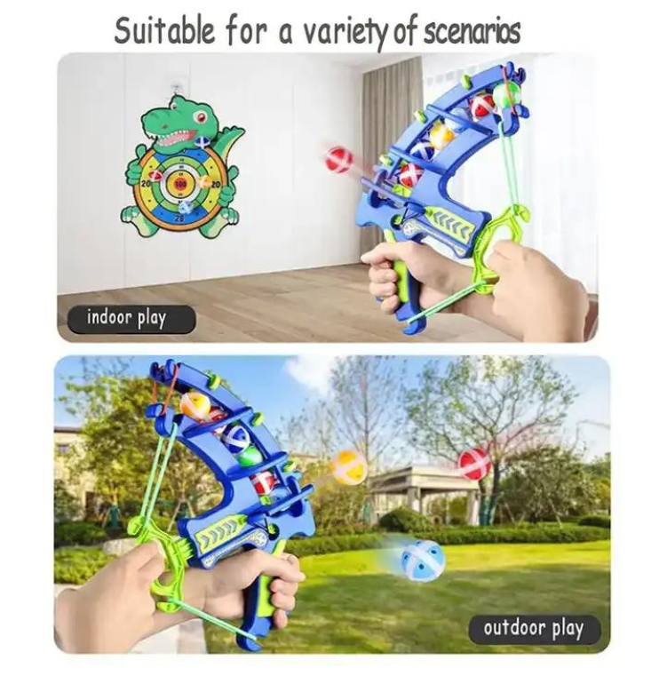 Toy bow and dart board for kids, sticky balls
