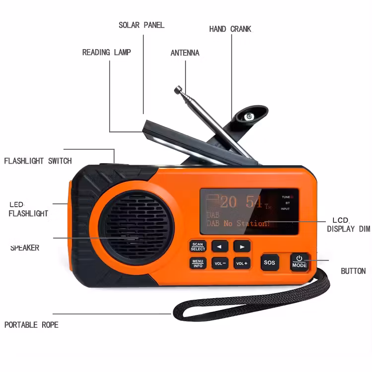DAB+/FM digital nödradio med inbyggt Li-Ion batteri, solpanel/dynamo, LED-lampor och Bluetooth