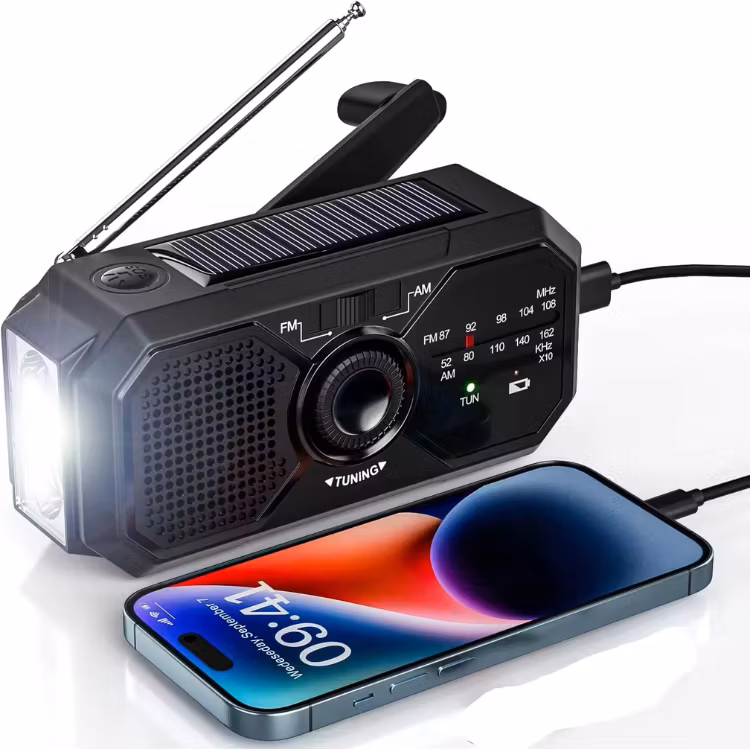 3-i-1 vevradio med solcell och powerbank 2500mAh