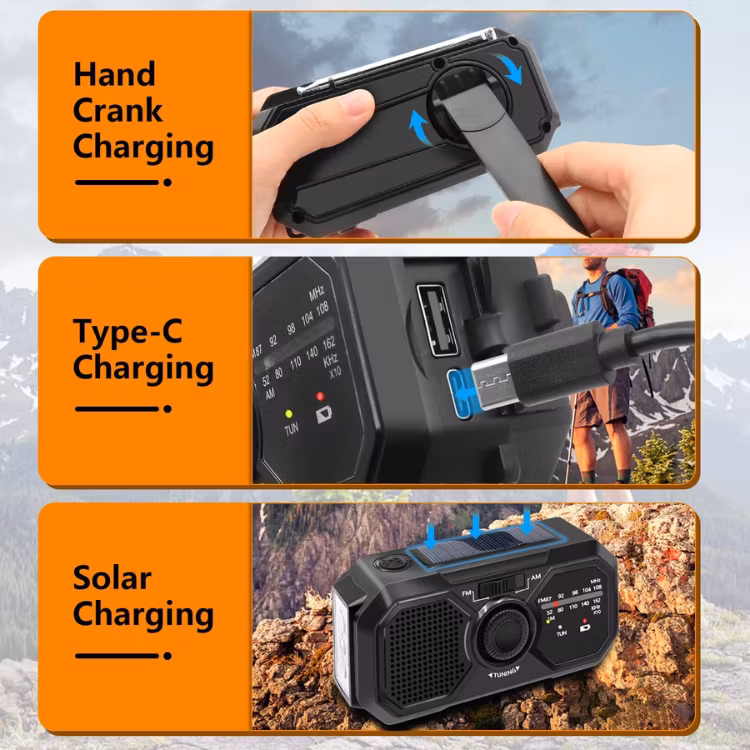 3-i-1 vevradio med solcell och powerbank 2500mAh