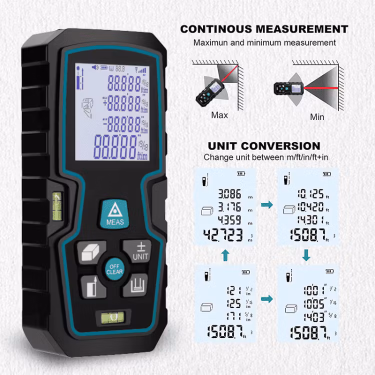Uppladdningsbar digital distansmätare med elektroniskt vattenpass