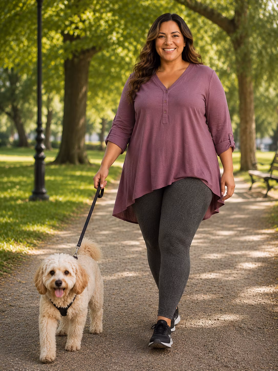 Solidea Be You Tonic Curvy kompressionsleggings i färgen Fumo på curvy modell som promenerar med hund i park
