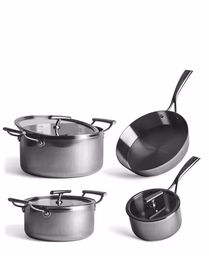 Exklusivt grytset i rostfritt stål – 4 delar med glaslock