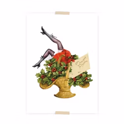 Julvykort collage - Julkorg med kvinnoben