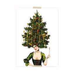 Julvykort collage - Kvinna med julgranshår