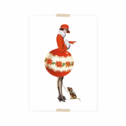 Julvykort collage - Kvinna med Julkuleklänning