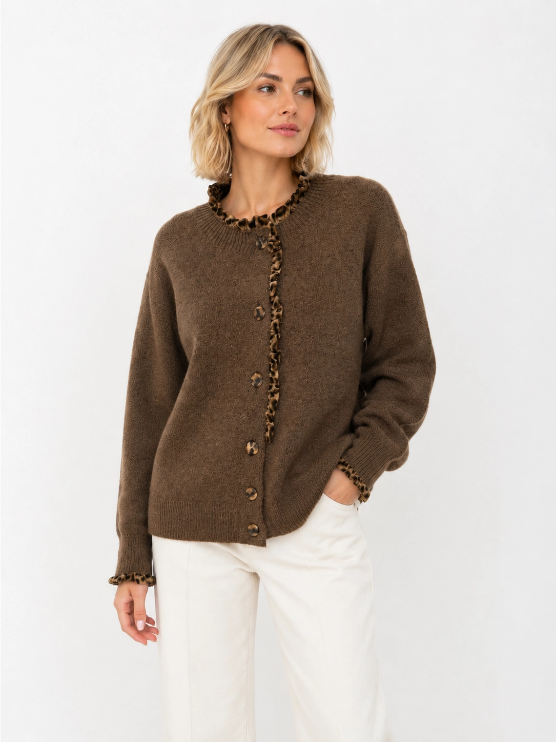 Cardigan med Leopardvolang