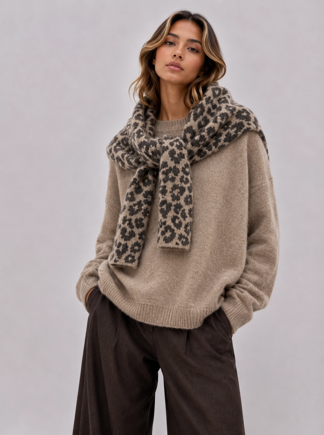 Stickad tröja med leopardsjal
