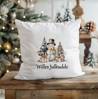 Julkudde med snögubbe, paket och valfritt namn